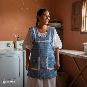 Blue Mexican Embroidered Apron – Essential Cotton Kitchen Apron Floral Design